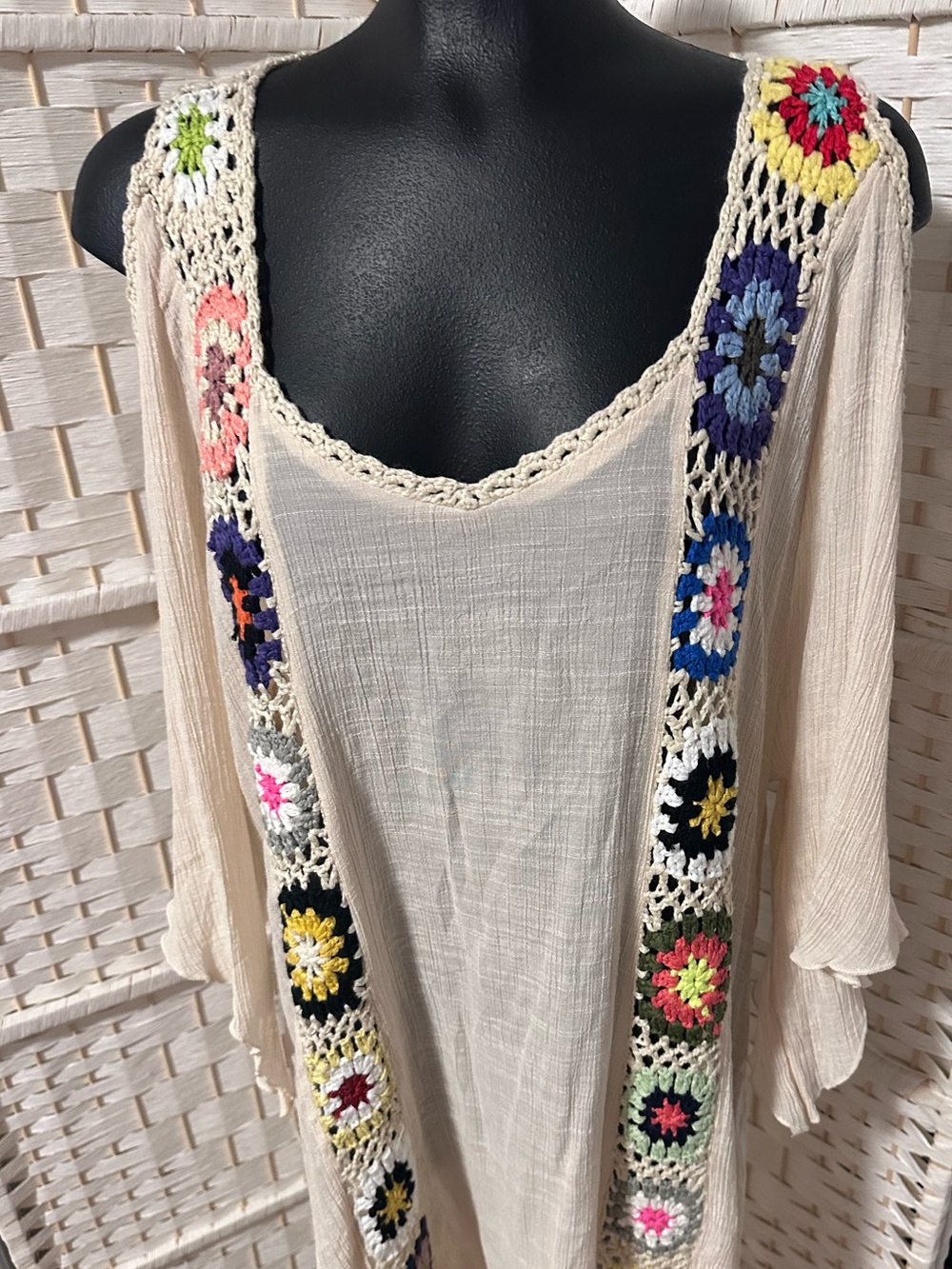 Cream Crochet-Trim Boho Dress with Multicolor Floral Accents